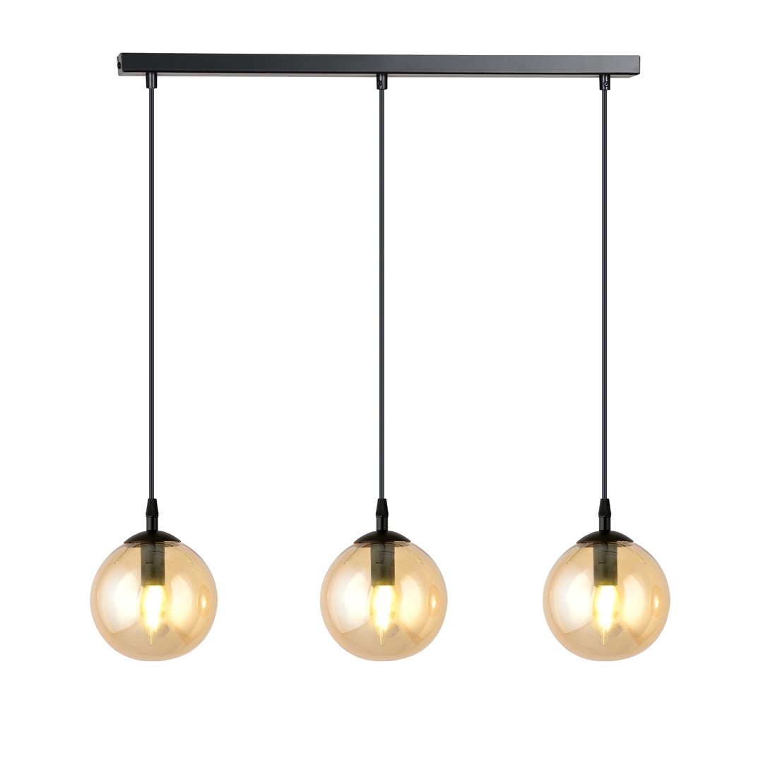 Kosmos Bar Pendant Lamp, 3 Light, Black, Amber Glass, 70cm
