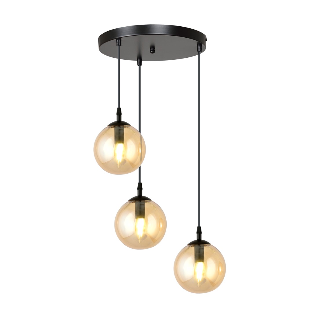Kosmos 3 Lamp Pendant Light, Black Canopy, Grey, Amber Glass, 40cm