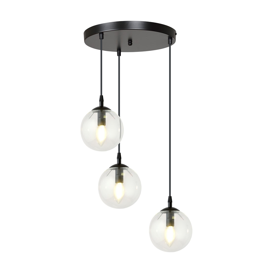 Kosmos Pendant Light, 3 Lamp, Black Suspension, Clear Glass, 40cm