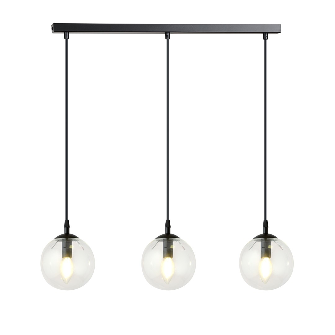 Kosmos Bar Pendant Light, 3 Lamp, Black Frame, Clear Glass, 70cm