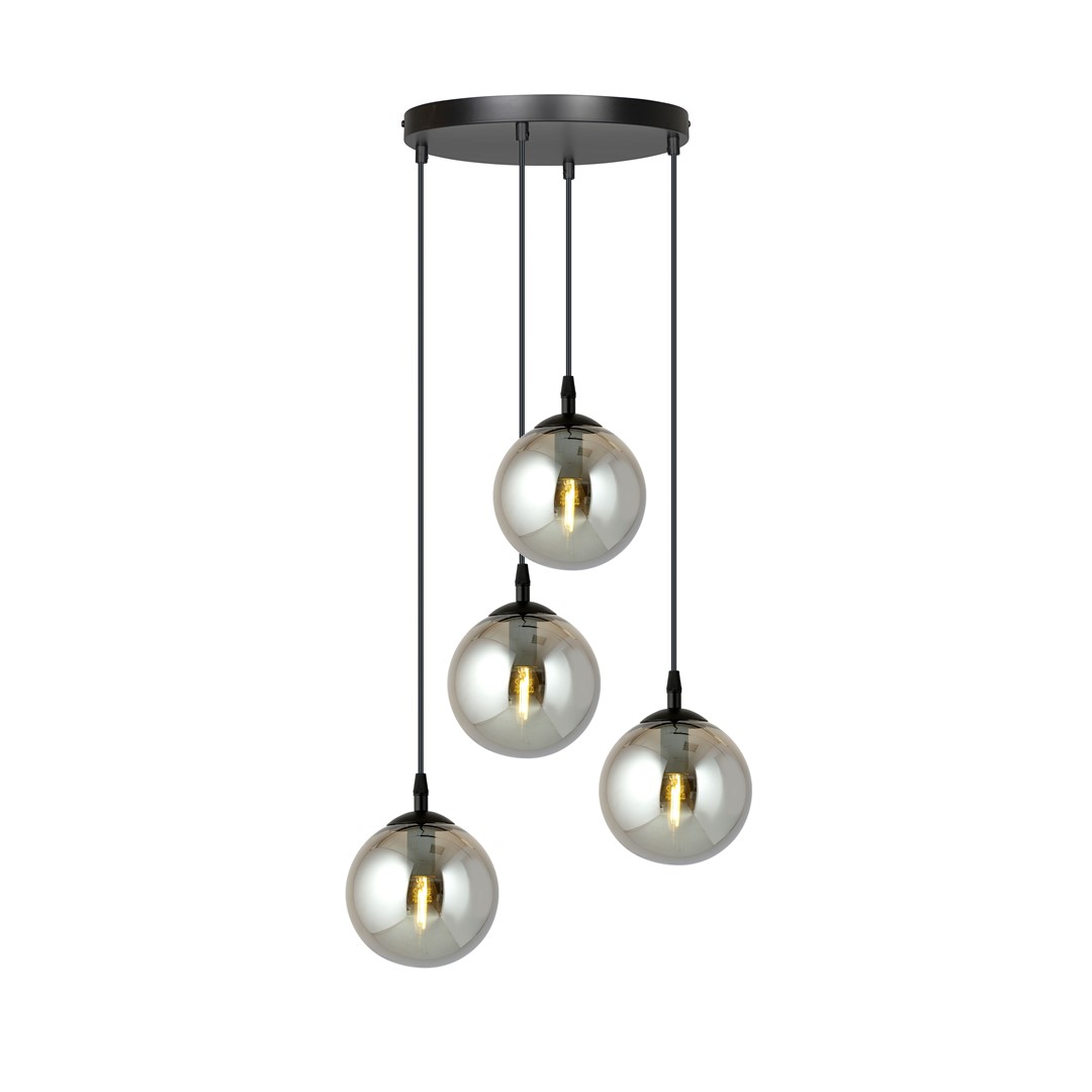 Kosmos 4 Light Pendant Lamp, Muti Drop, Black, Grey Glass, 40cm