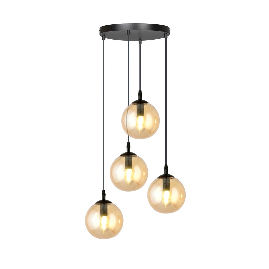 Kosmos Pendant Lamp, 4 Light Multi Drop, Black, Amber Glass, 40cm
