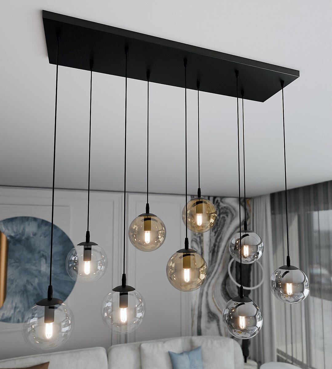Kosmos 9 Lamp Pendant Light, Black, Amber, Clear And Grey Glass, 104cm
