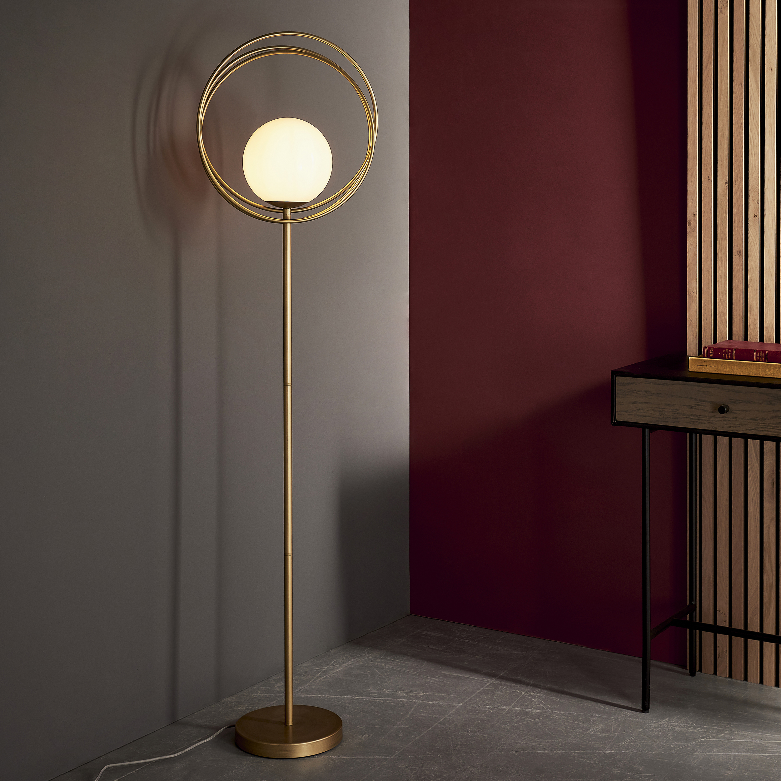 Strada Floor Lamp, Brushed Gold, Ring Shaped, Glass