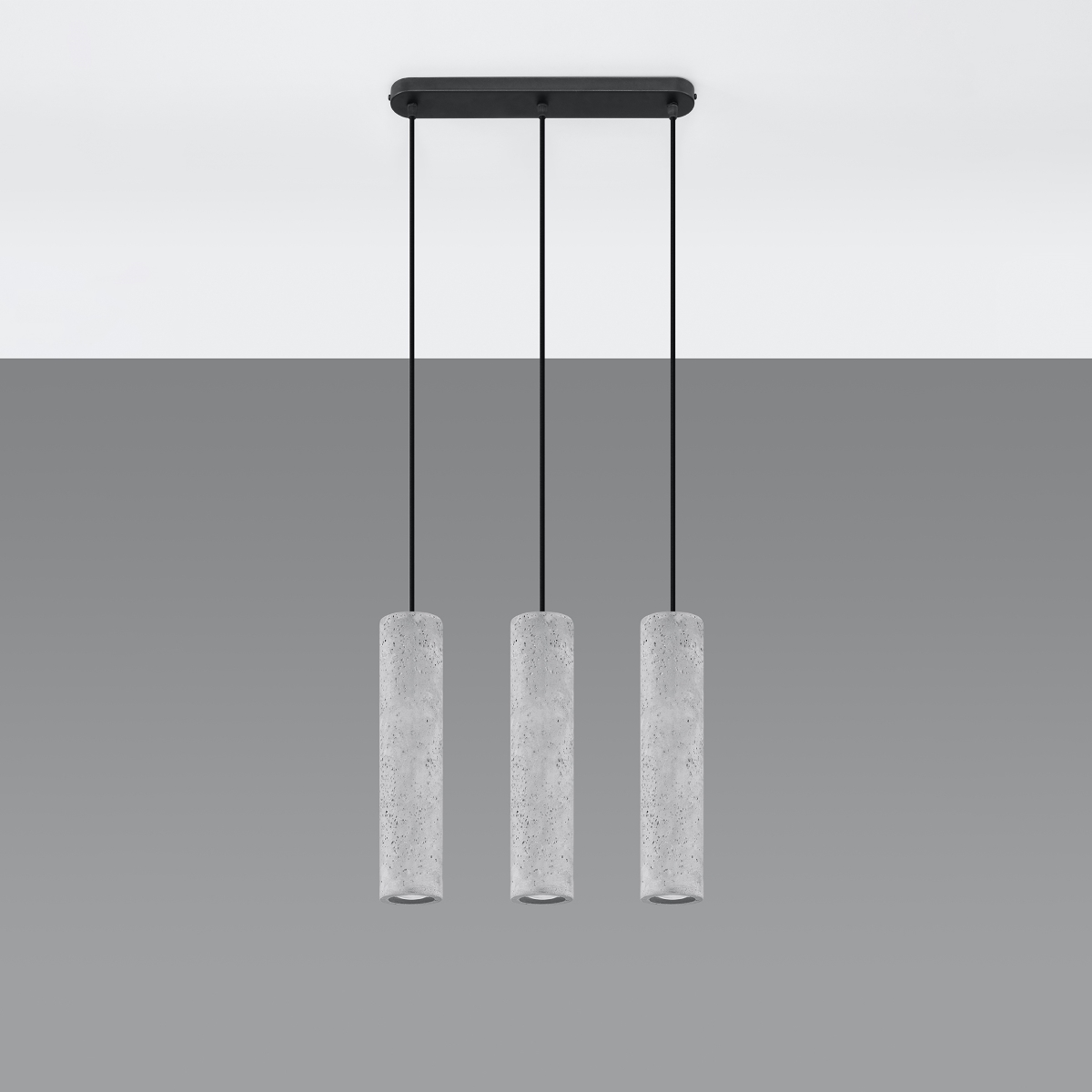 Louvo 3 Light Bar Concrete Pendant Light, Black Metal Suspension, 45cm Length