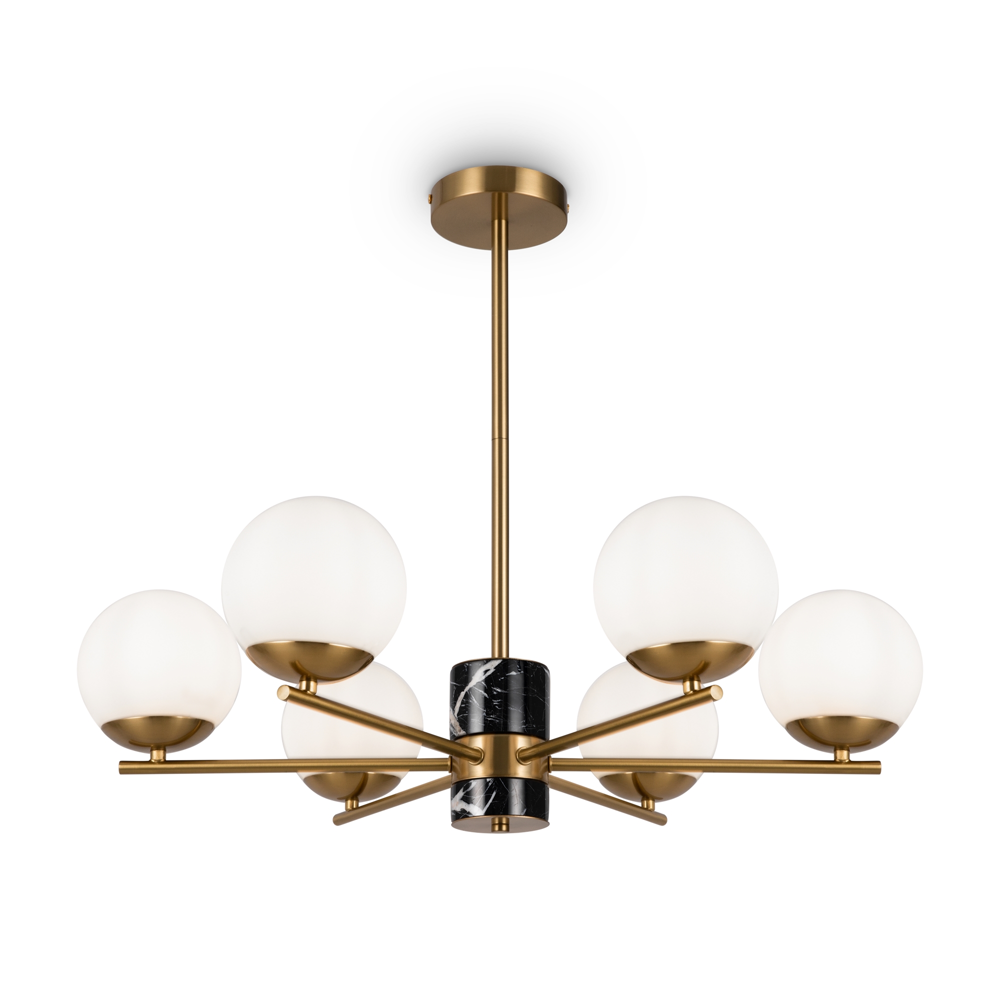 Marble 6 Lamp Chandelier, Brass Metal, Opal Glass, 67cm Wide