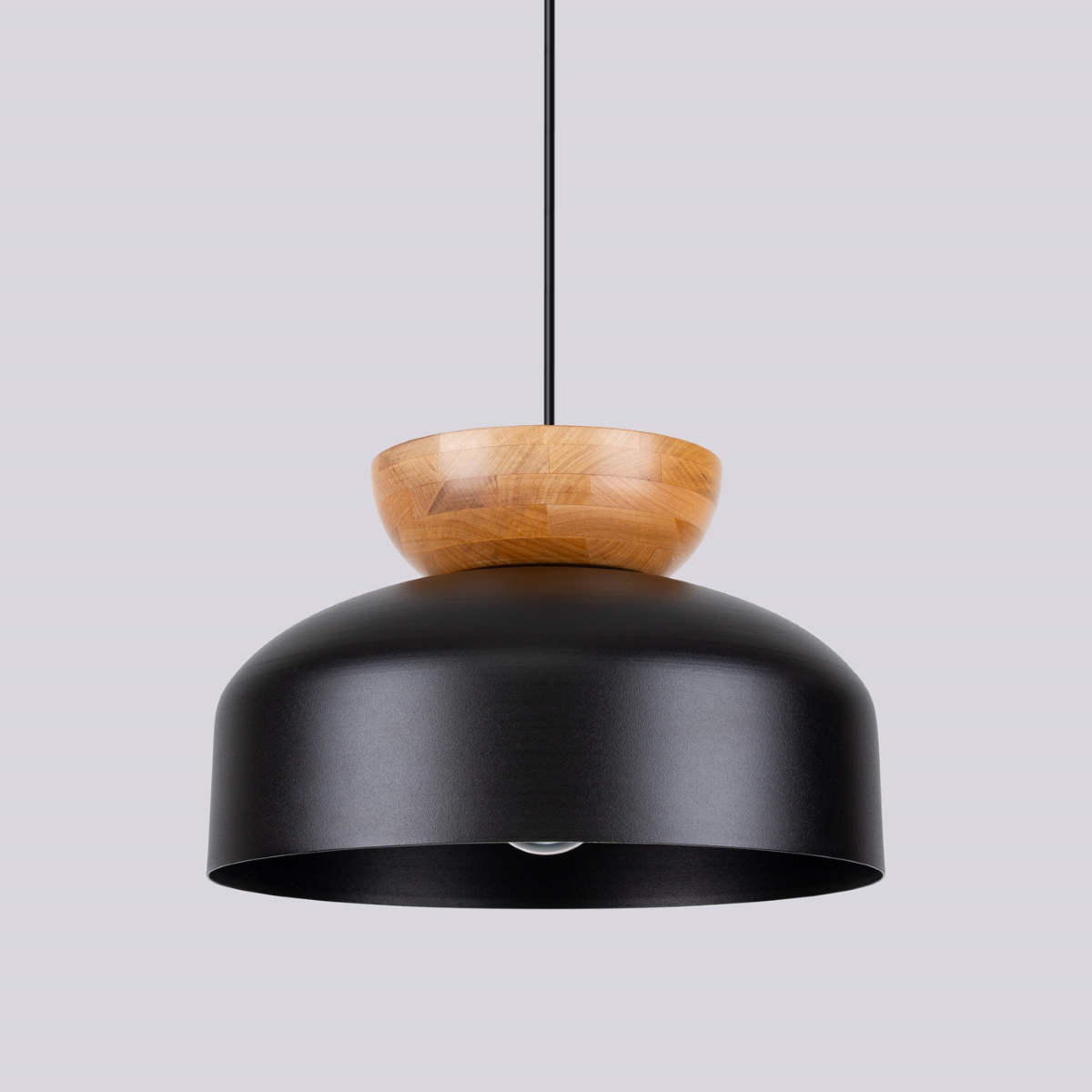 Meryn Pendant Lamp, Black Metal & Natural Wood, 1 Light, 29.5cm Diameter