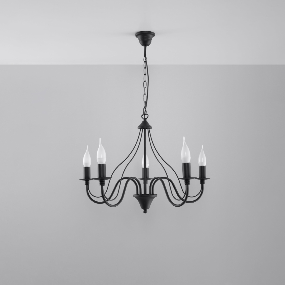 Wera 5 Lamp Candle Chandelier, Black Metal, 60cm Diameter