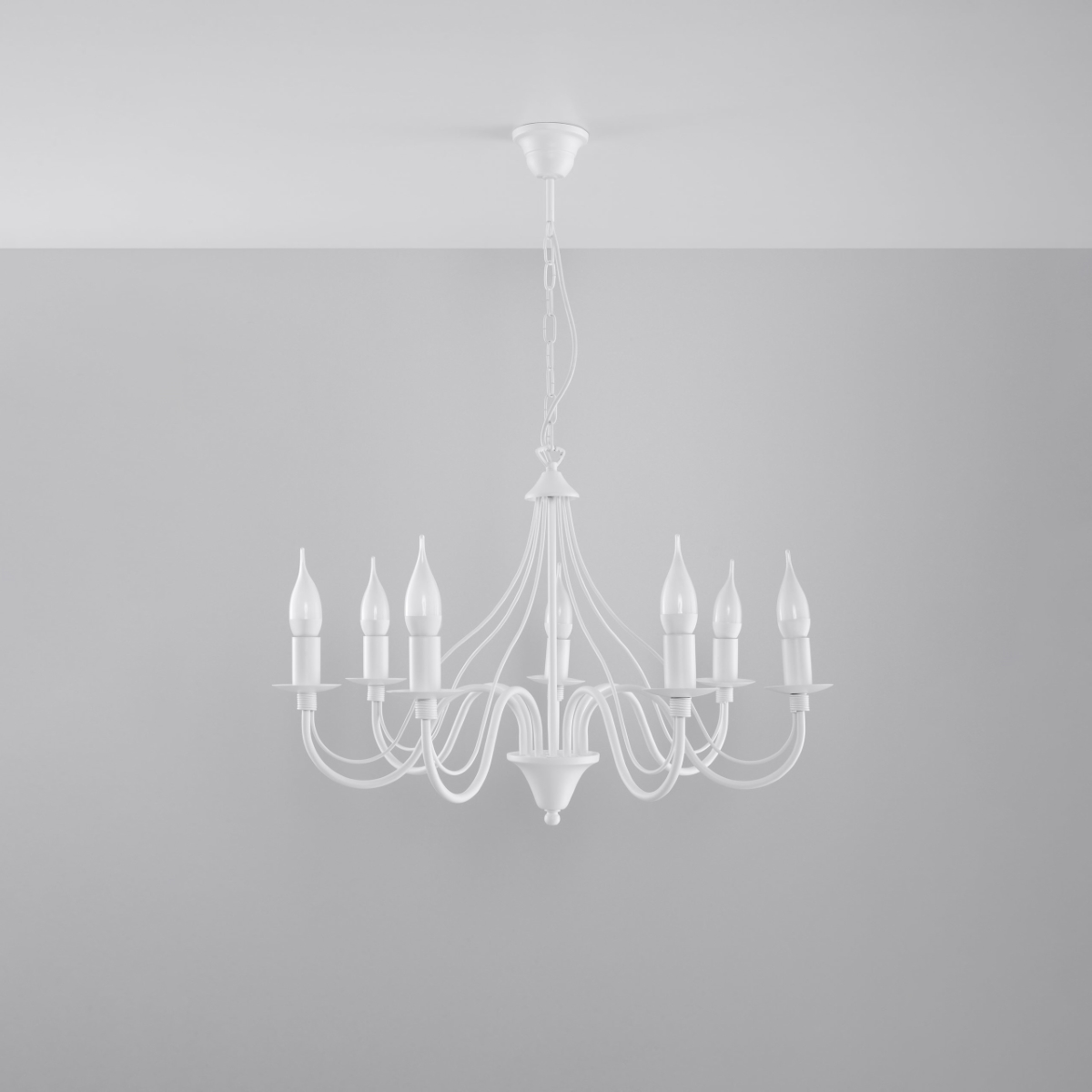 Wera 7 Lamp Candle Chandelier, White Metal, 60cm Diameter