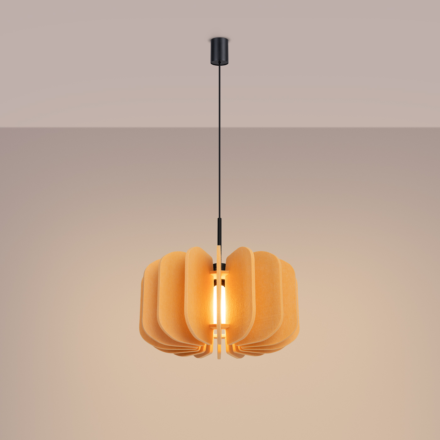 Malo Yellow Pendant Light, Felt Shade, Black Metal, 45cm Diameter, 1 Lamp