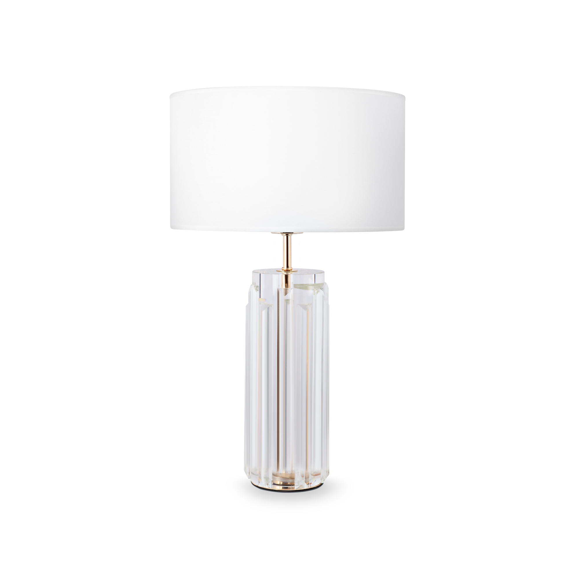 Muse Glass Table lamp, Gold Metal, Clear, White Fabric Shade, 32cm Wide