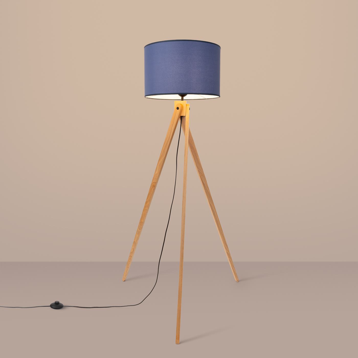 Gatt Natural Wooden Floor lamp, Navy Blue Fabric Shade, 1 Light, 140cm Height