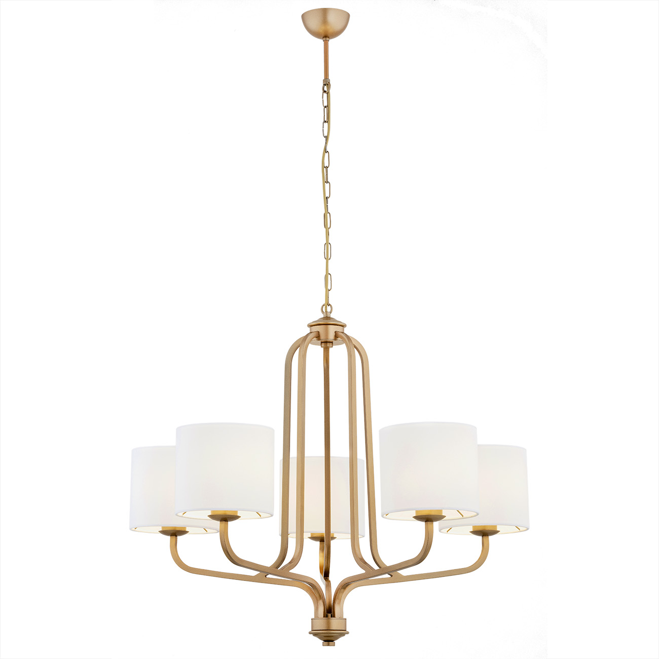 Nello Chandelier 5 Light, Old Gold, White Fabric Shades, 78cm