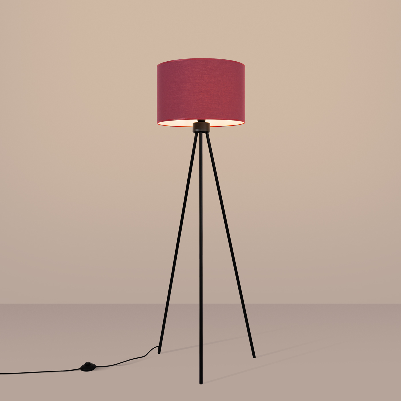 Evra Black Floor Lamp, 1 Light, Burgundy Fabric Drum Shade, 135cm Height