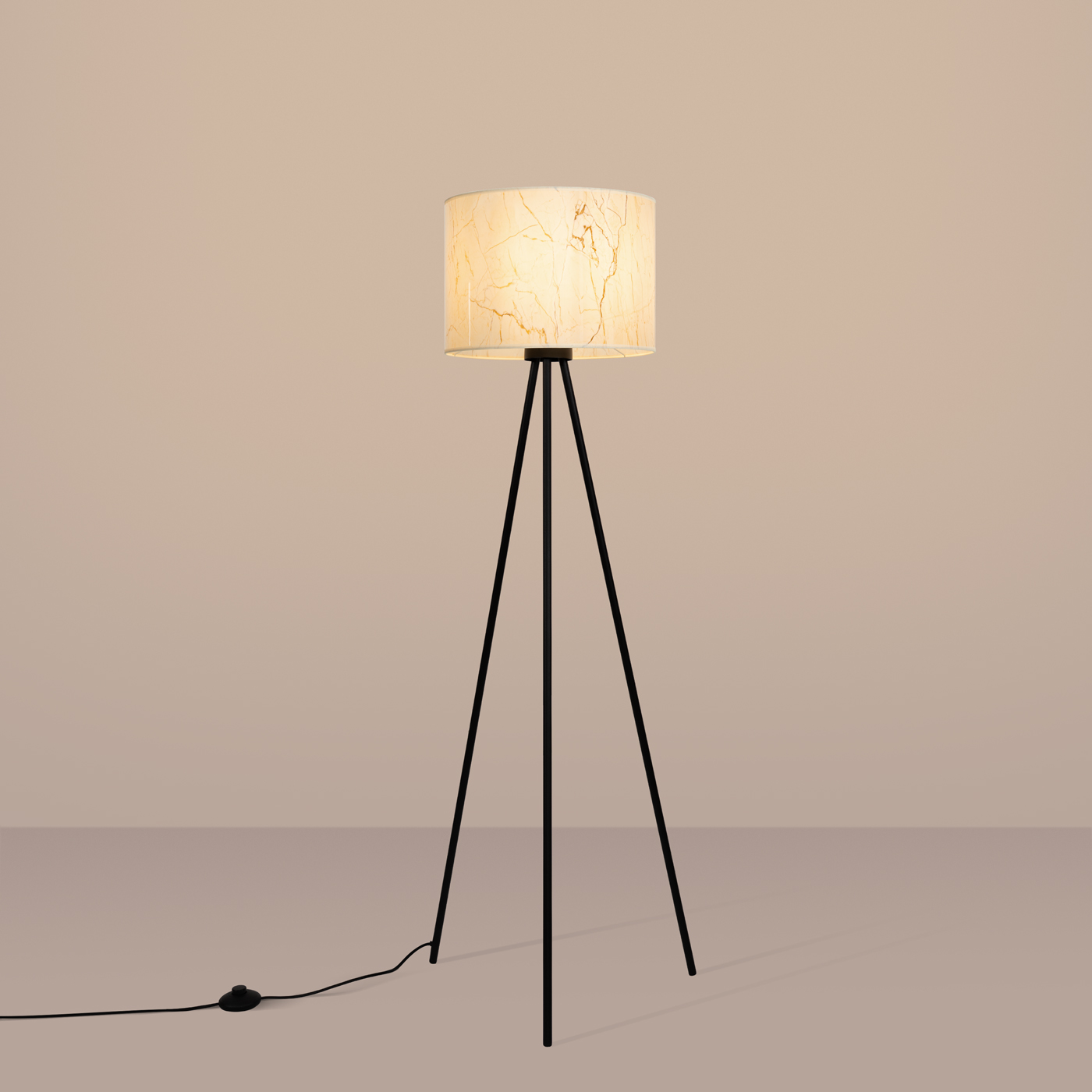 Evra Black Floor Lamp, 1 Light, Marble Fabric Drum Lamp Shade, 135cm Height