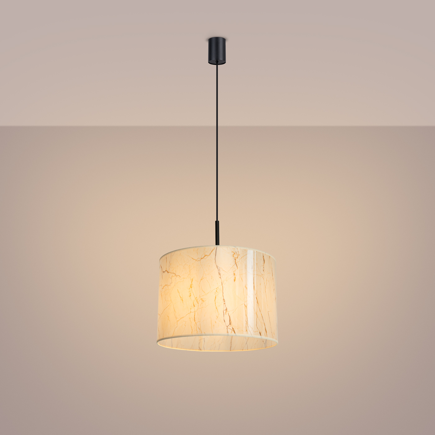 Evra Pendant Lamp, 1 Light, Cream Marble Fabric Shade, Black Metal, 40cm Wide