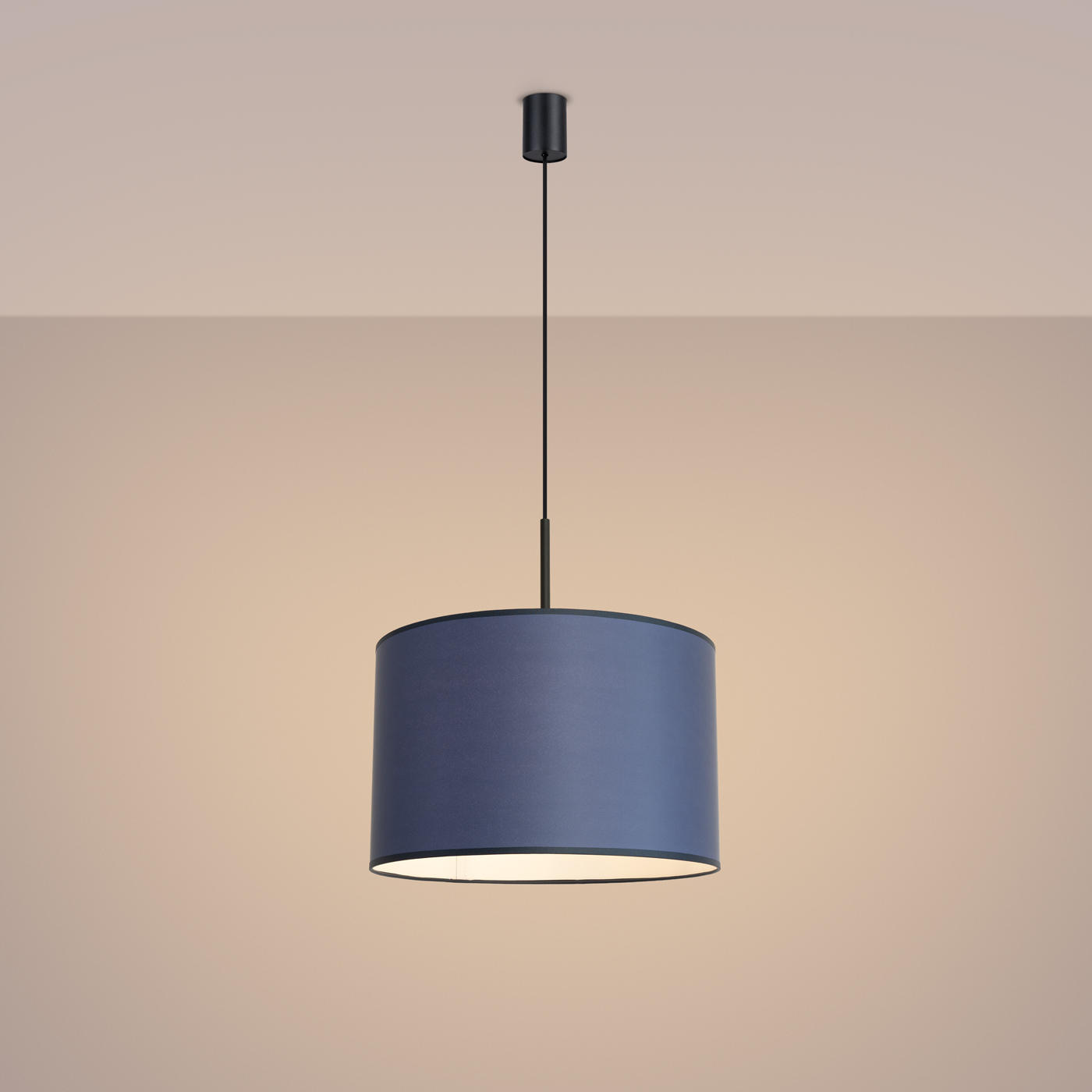 Evra Pendant Light, 1 Lamp, Navy Blue Fabric Shade, Black Metal, 40cm Wide