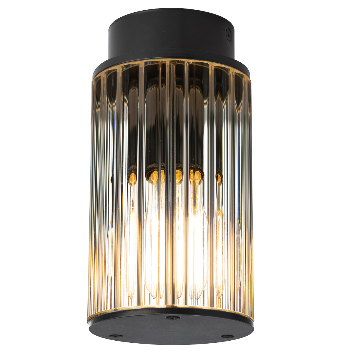 Nordfor IP44 Flush Ceiling Light, 1 Lamp, Black, Ribbed Glass 12cm
