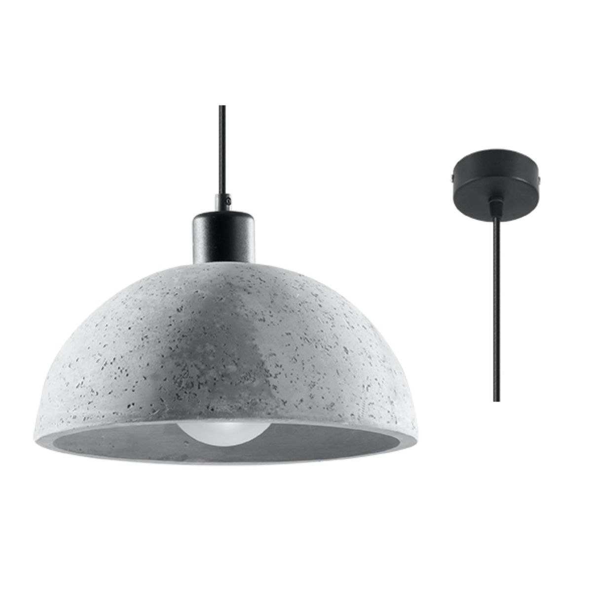 Pavlo Concrete Dome Pendant Light, Black Metal Suspension, 1 Lamp, 30cm Diameter