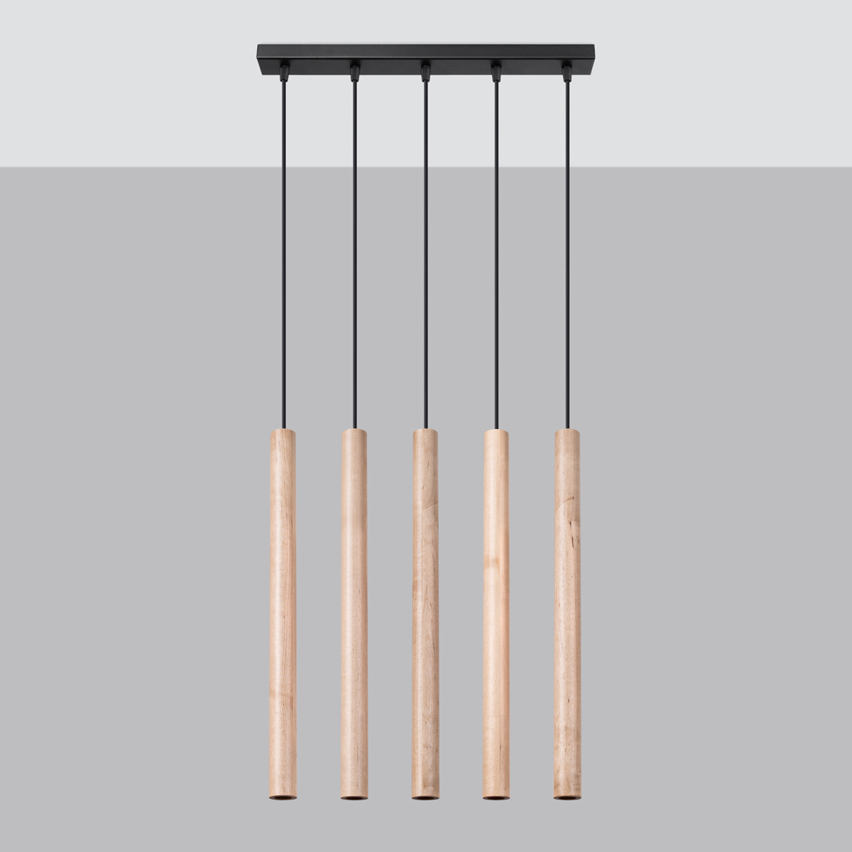 Vaslow 5 Light Bar Pendant Light, Wood, Black Metal, 45cm Length