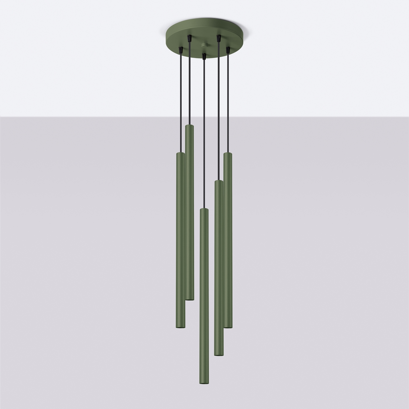Vaslow 5 Lamp Multi Drop Tube Pendant Light, Olive Green, 25cm Diameter