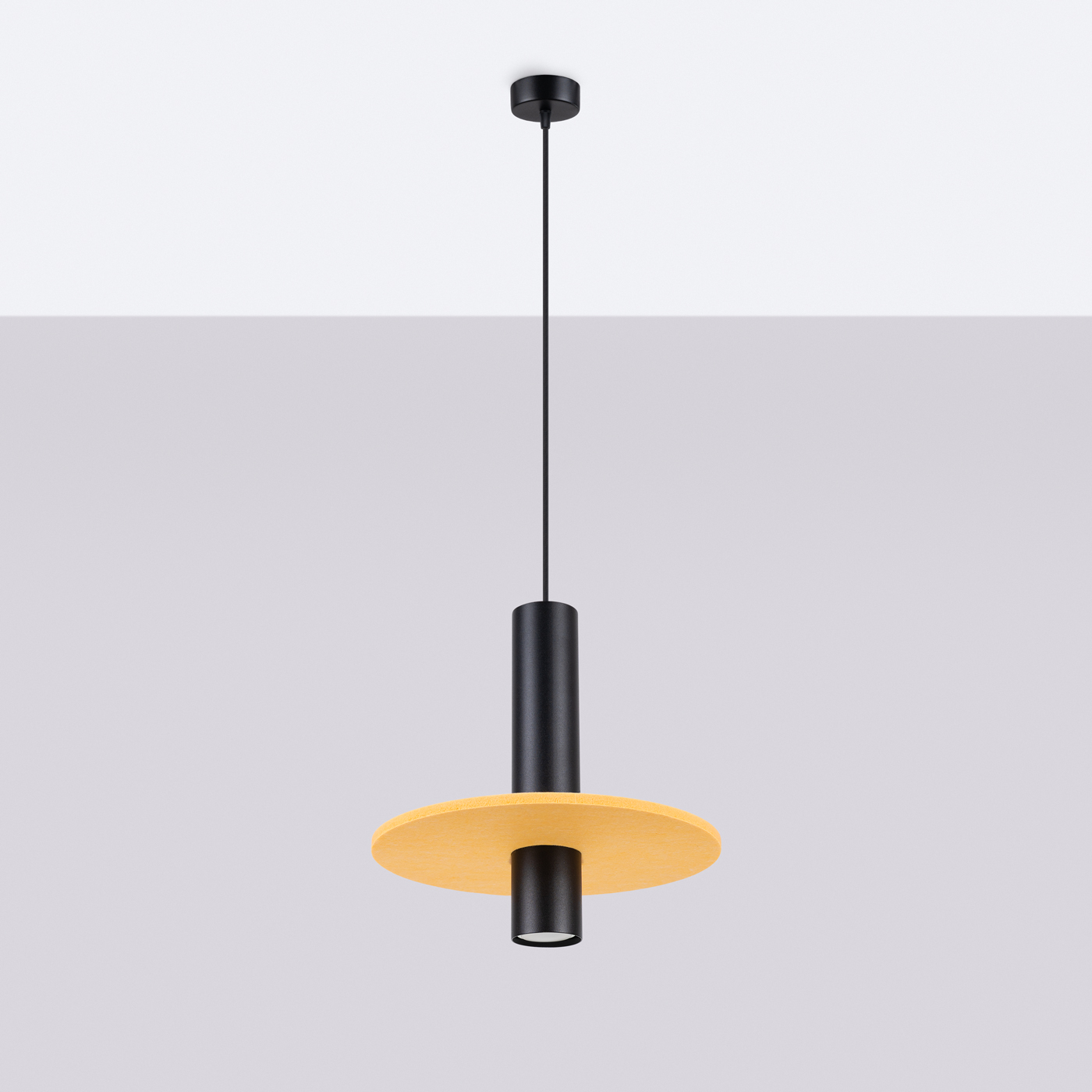 Felora Yellow Short Pendant Lamp, Black Metal Cylinder, Felt Shade, 30cm Diameter