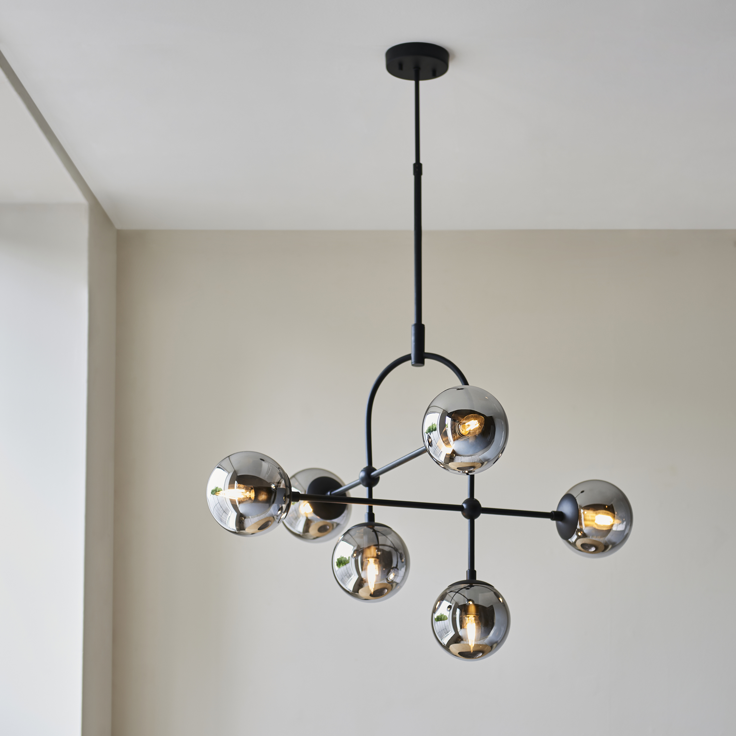 Luca Chandelier, 6 Arm, Black, Smoked Glass, 86cm