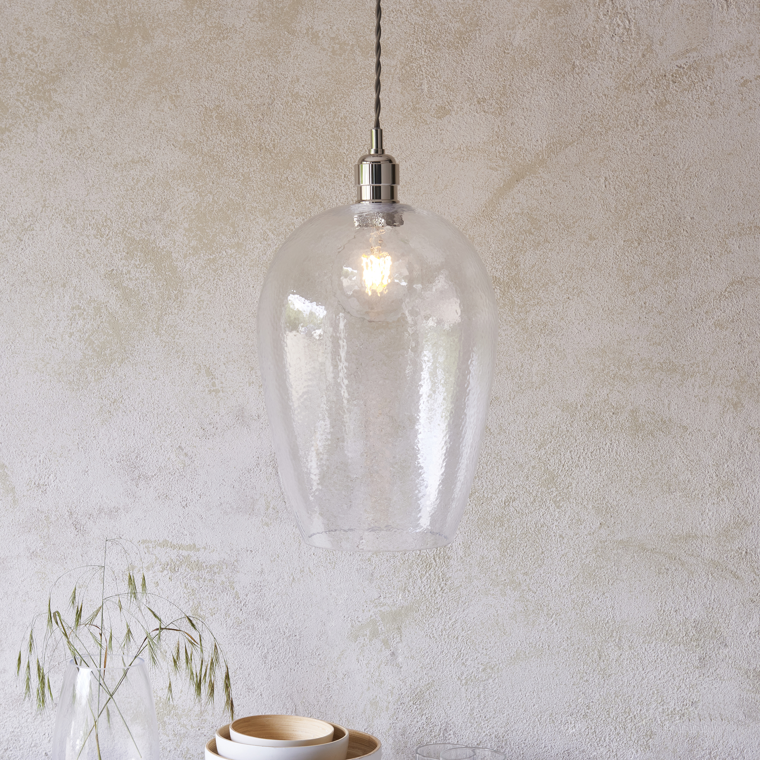 Elias Large Pendant light, Hammered Glass, Clear, Nickel, 25cm