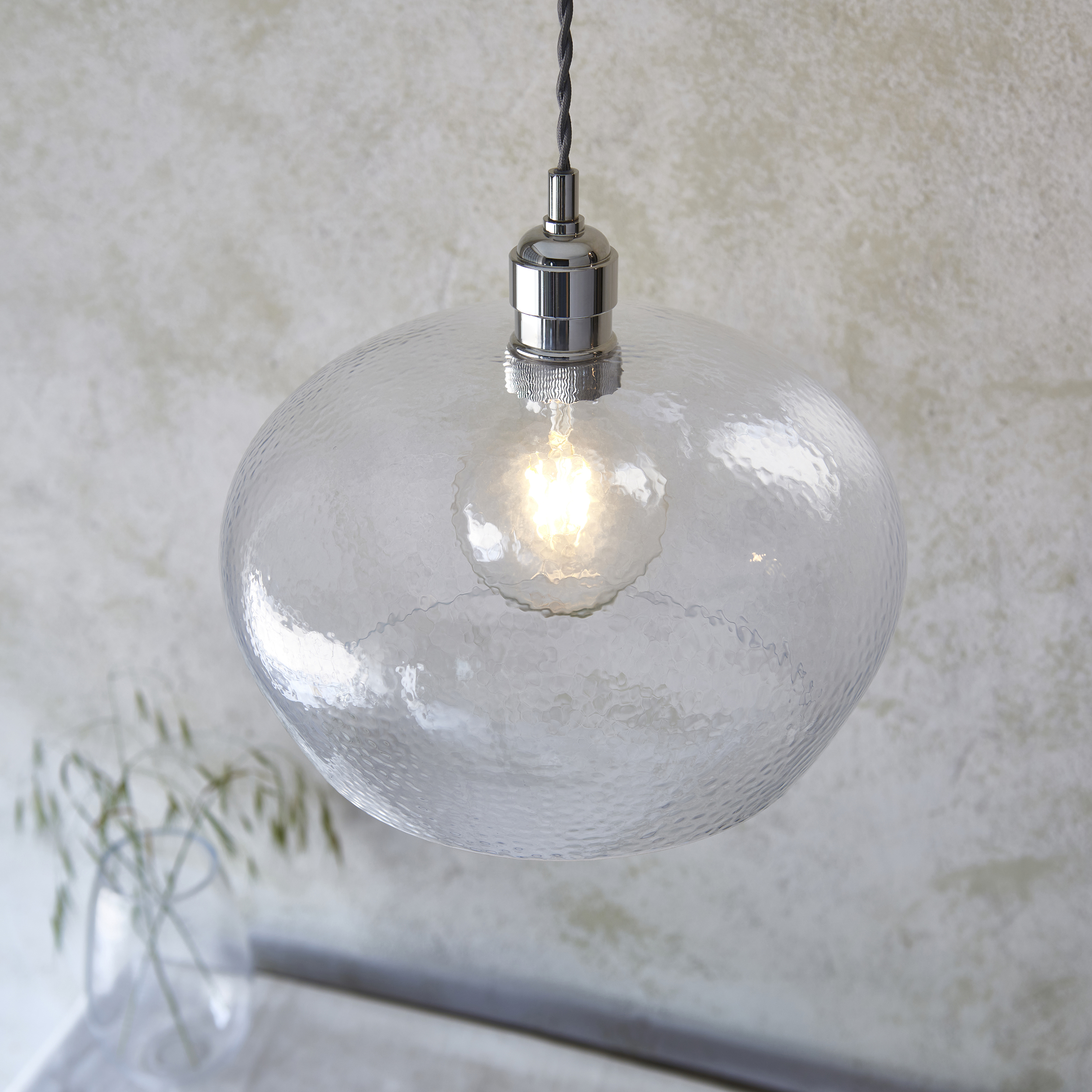 Elias Medium Pendant Lamp, Clear Hammered Glass, 31cm