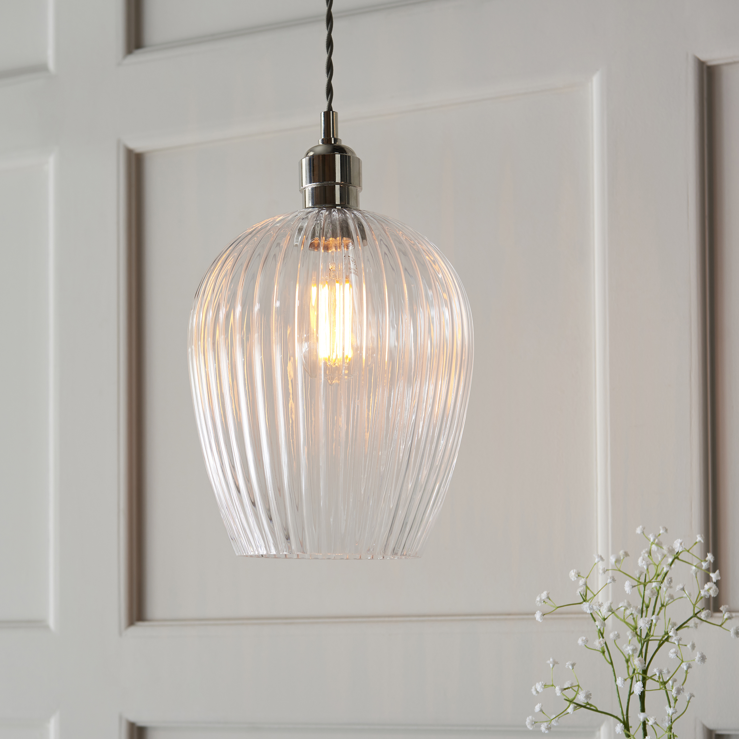 Nico Small Pendant light, Ribbed Glass, Polished Nickel, 21cm