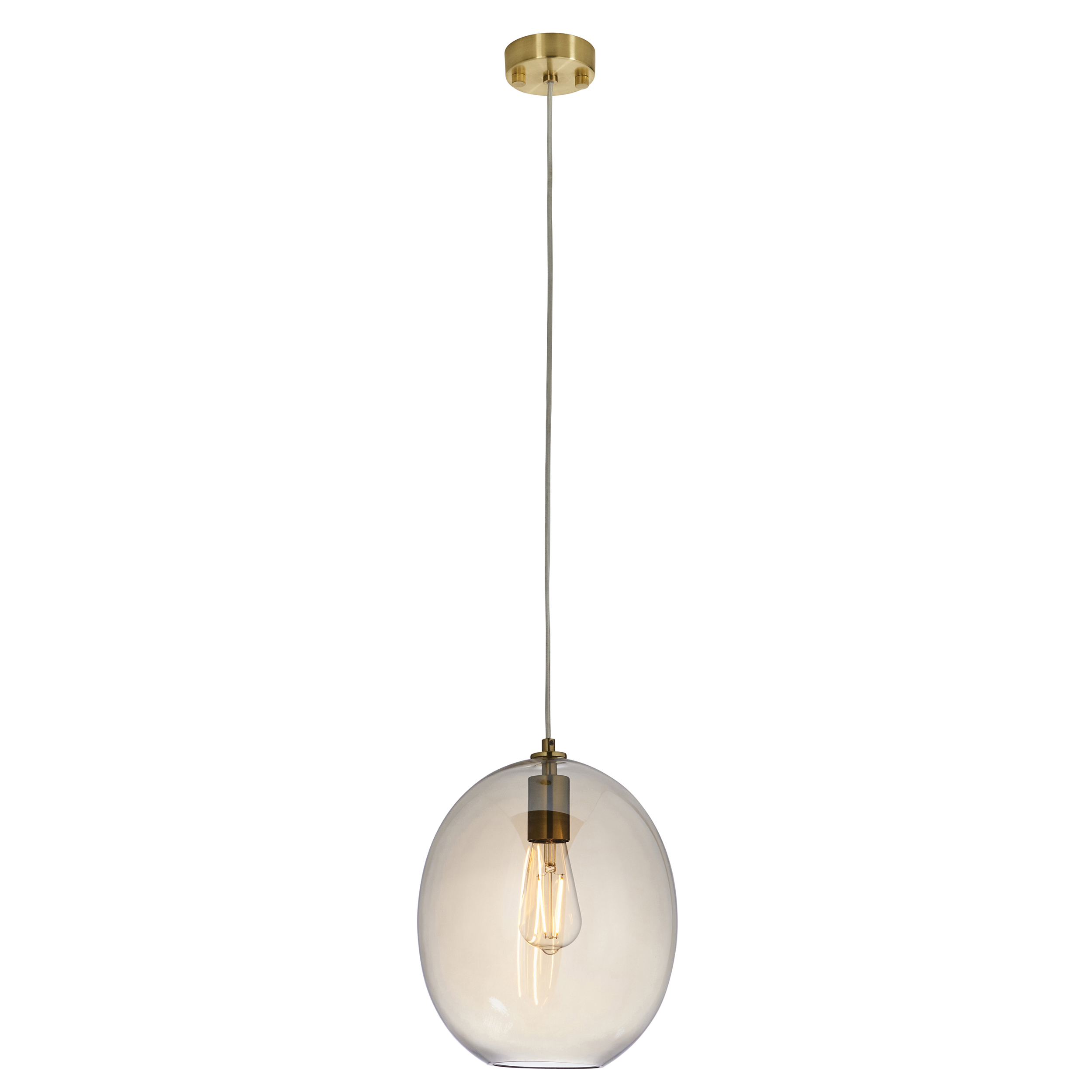 Vial Pendant Lamp, Satin Brass, Smoked Glass Globe, 26cm