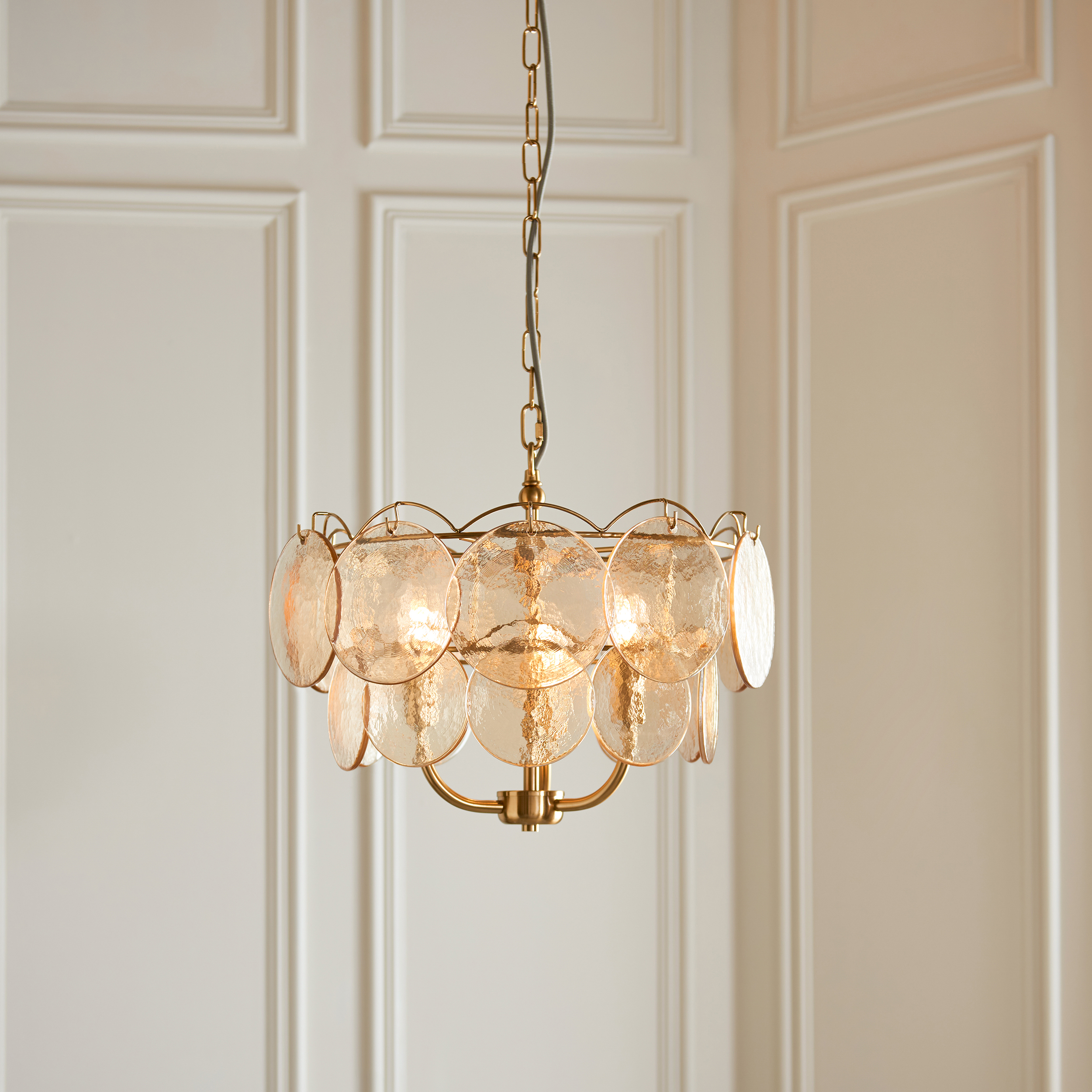 Halon 3 Lamp Pendant Lamp, Brushed Brass Metal, Amber Glass, 44.5cm Diameter