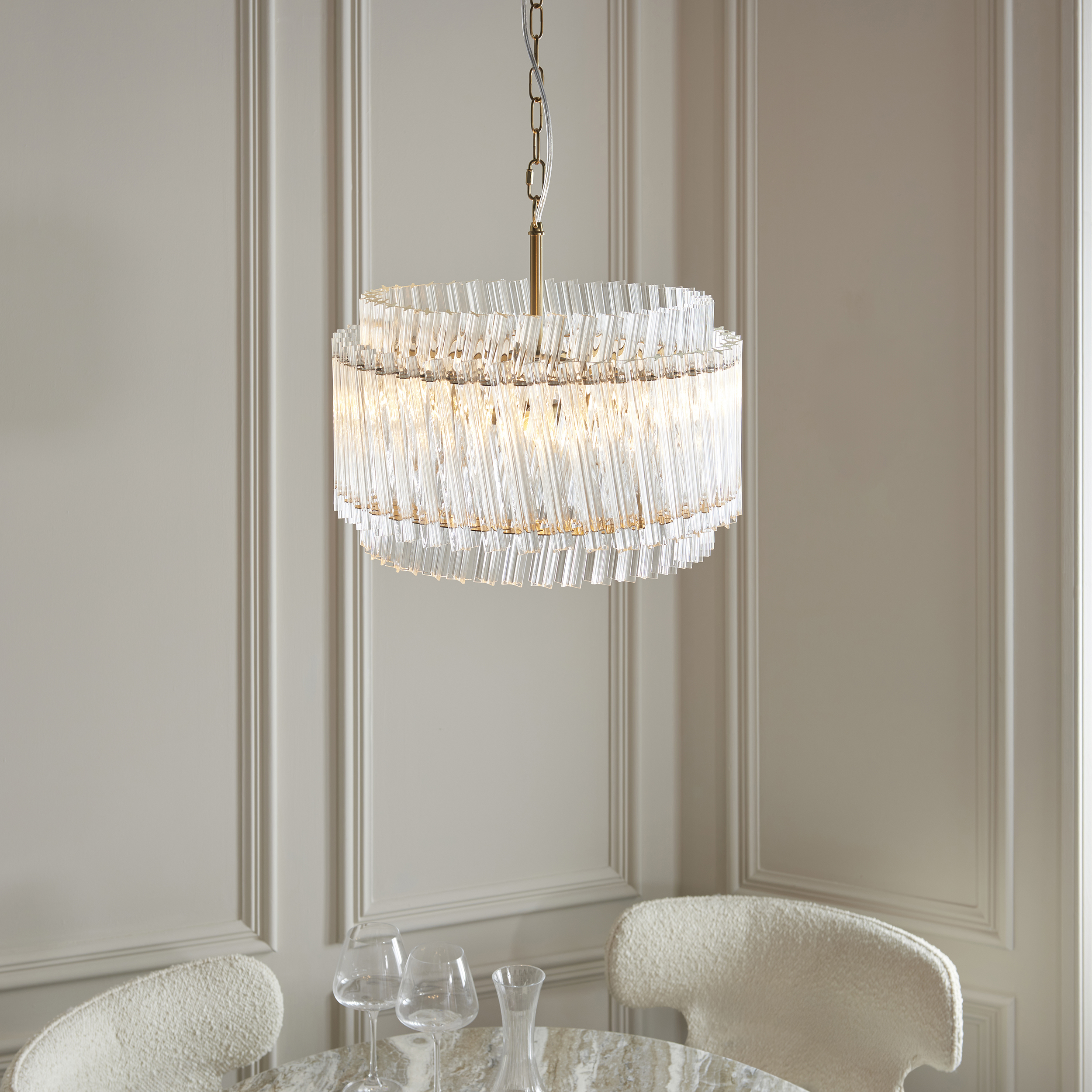 Kiro 3 Lamp Pendant Light, Clear Glass Rods, Tiered, Brushed Aged Brass, 42cm Diameter