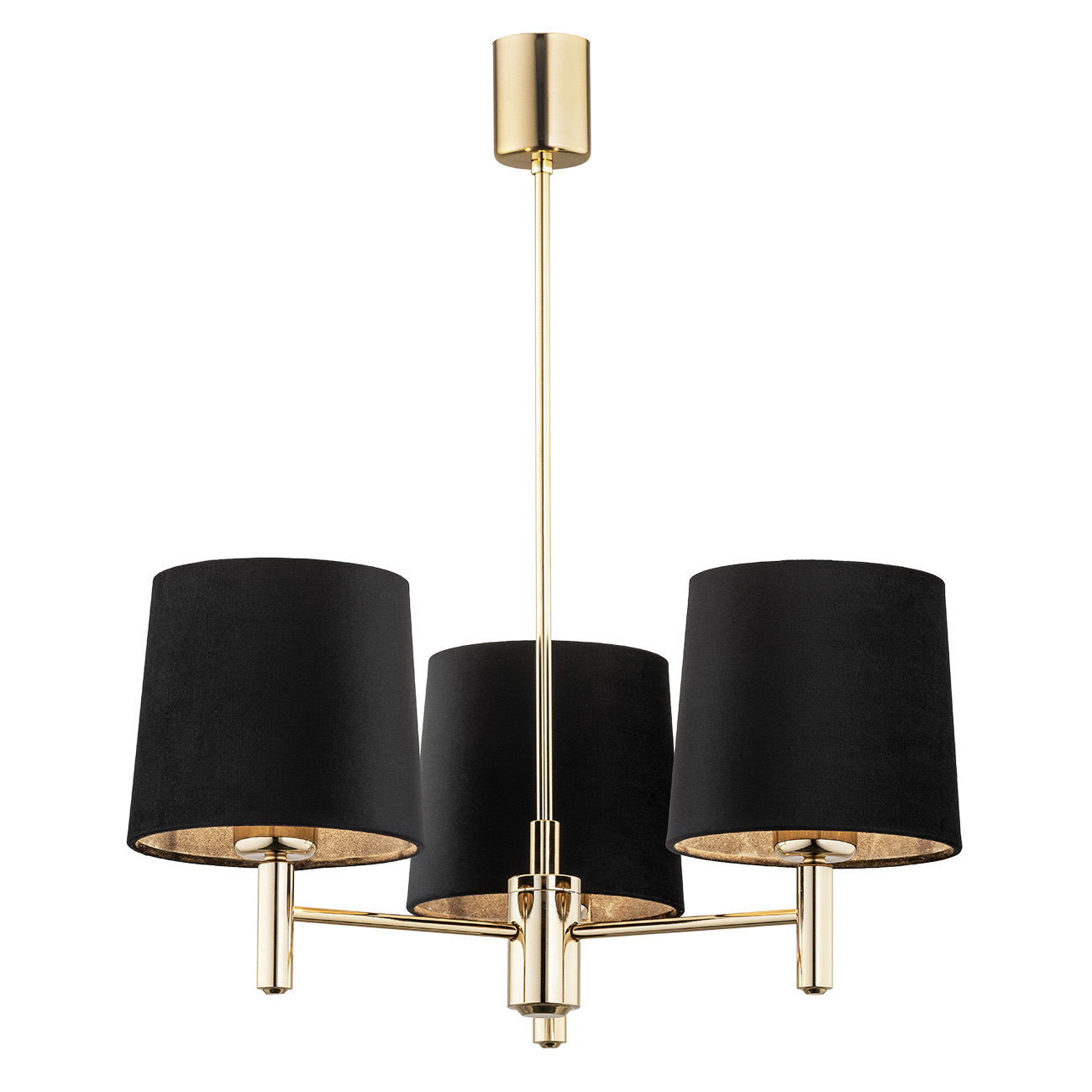 Ponta 3 Light Chandelier, Brass, Black Fabric Shades, 47.5cm