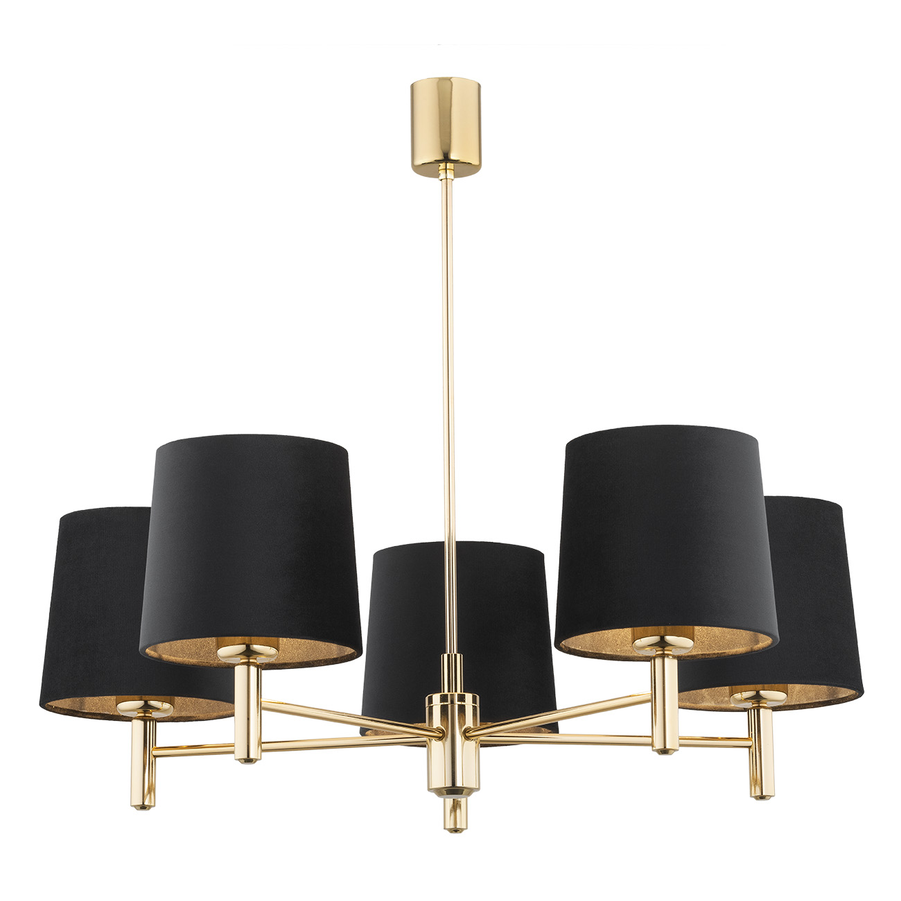 Ponta Chandelier, 5 Light, Brass, Black Lampshades, 71cm