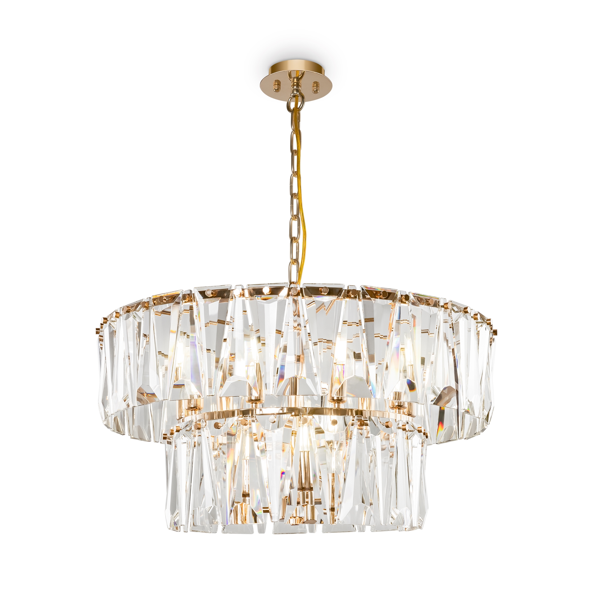 Puntes 2 Tier Pendant Lamp, Gold, Crystal Glass, 12 Light, 68cm Wide
