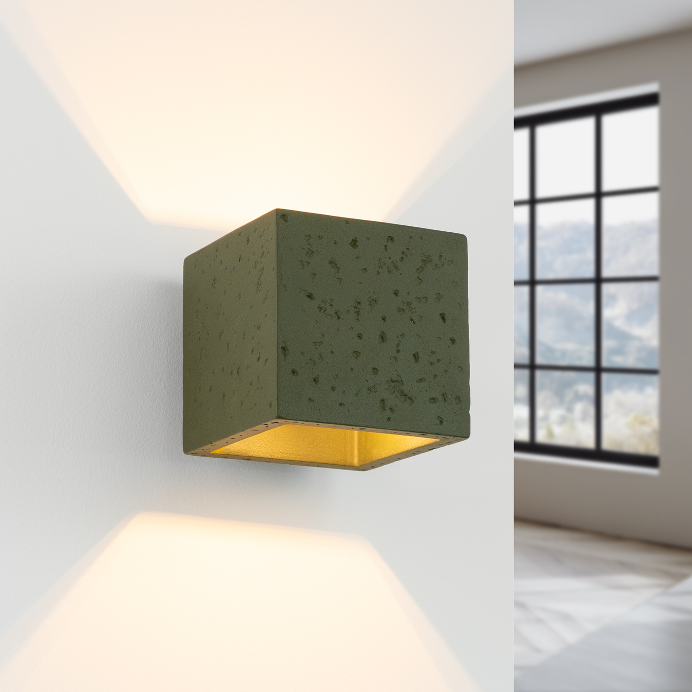 Kwad Olive Green Concrete Square Wall Light, 1 Lamp, G9, 10cm Wide