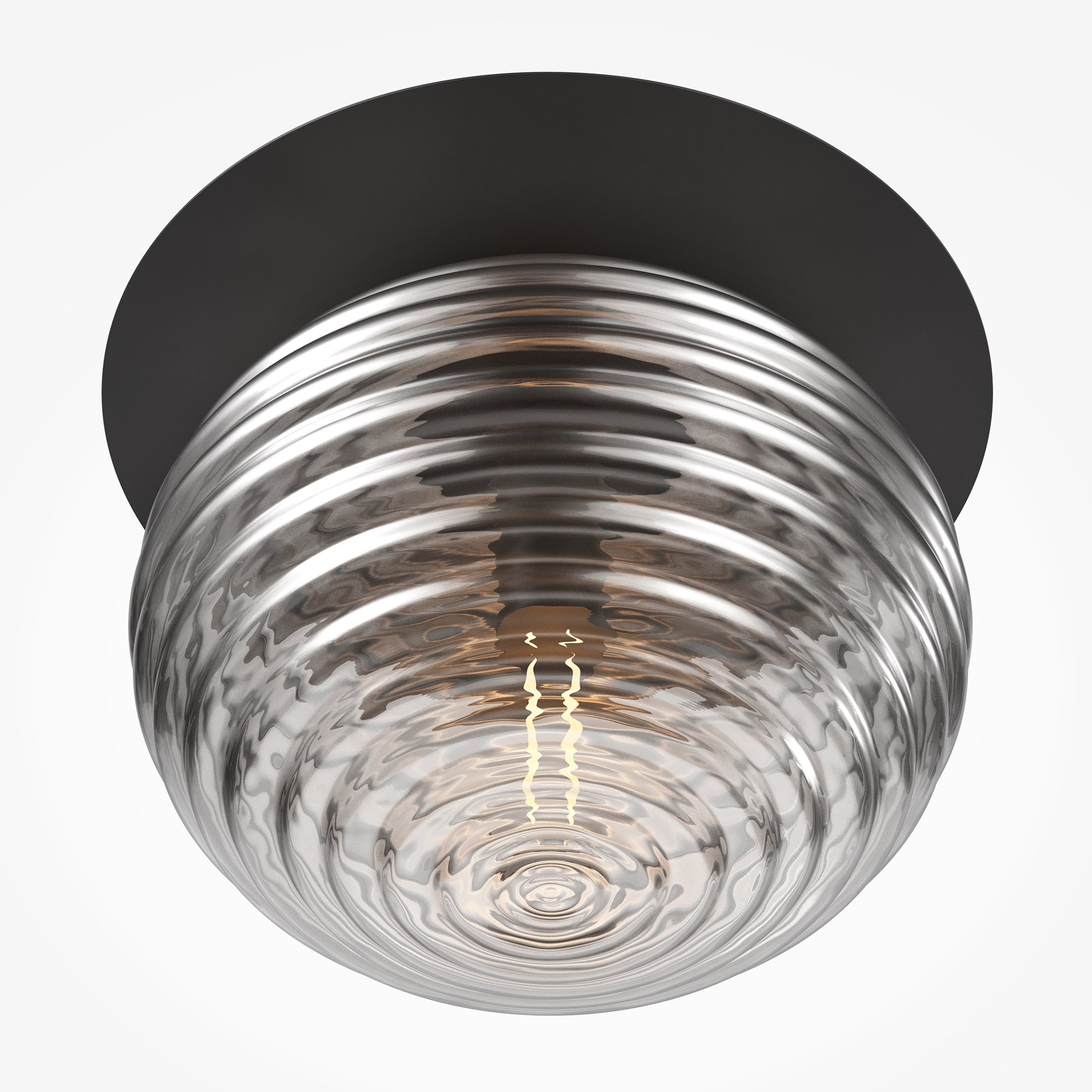 Reels 1 Lamp Ceiling Light, Black, Smoked Ribbed Glass, Flush, 35cm Diameter