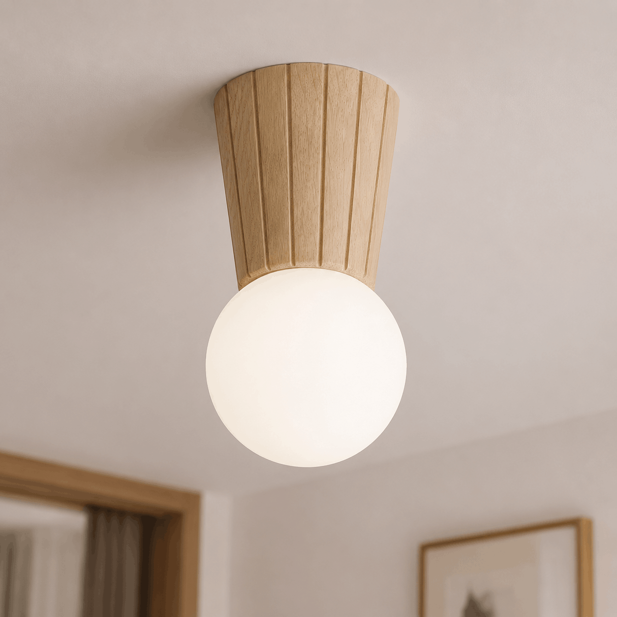 Foltant IP44 Ceiling Light, Light Wood, Opal Glass, 1 Light, 12cm Diameter