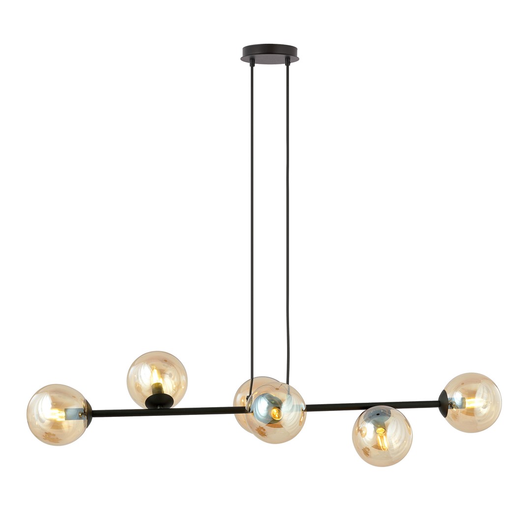 Rostin Pendant Light, 6 Lamp, Amber Glass, Black, 110cm