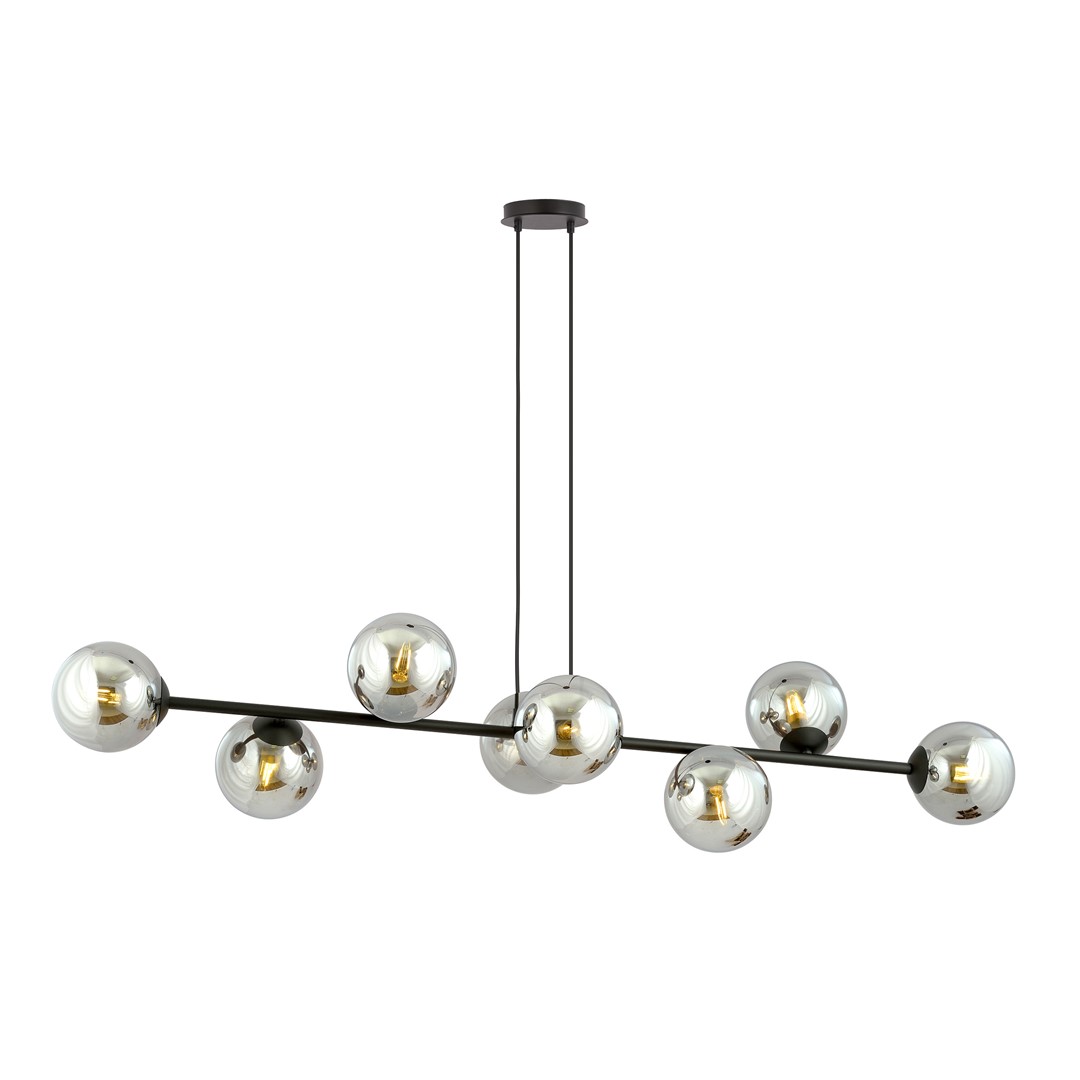 Rostin Pendant Light, Grey Glass, Black, Linear 8 Lamp, 130cm