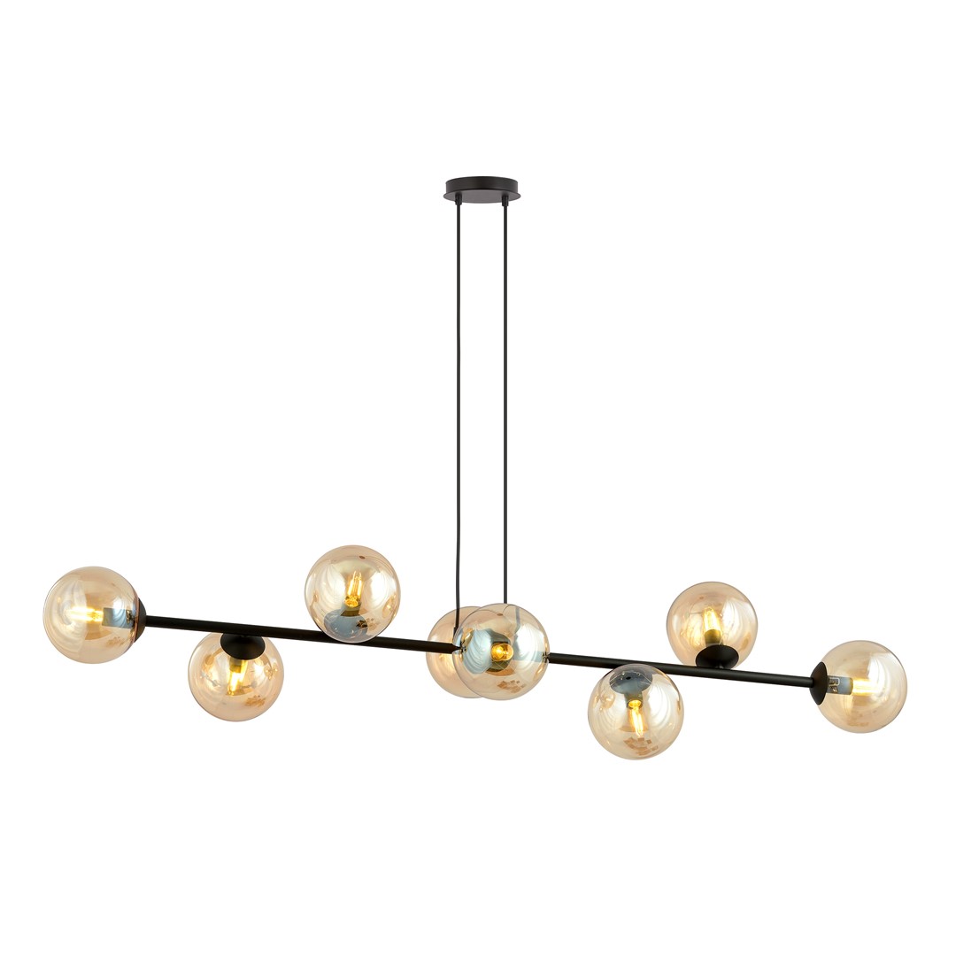 Rostin Pendant Lamp, 8 Light, Amber Glass, Black, 130cm