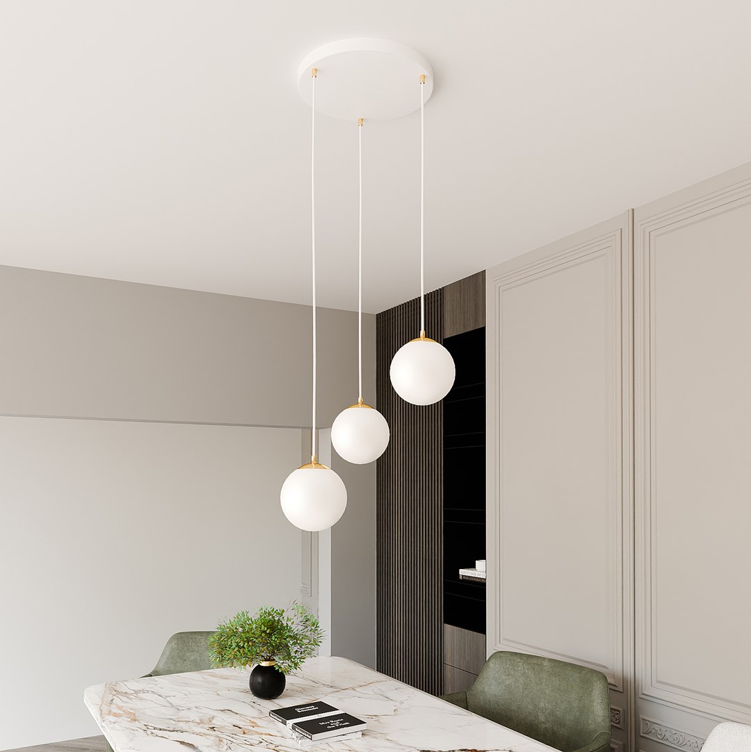 Ryell 3 Lamp Pendant Light, White, Opal Glass, 40cm