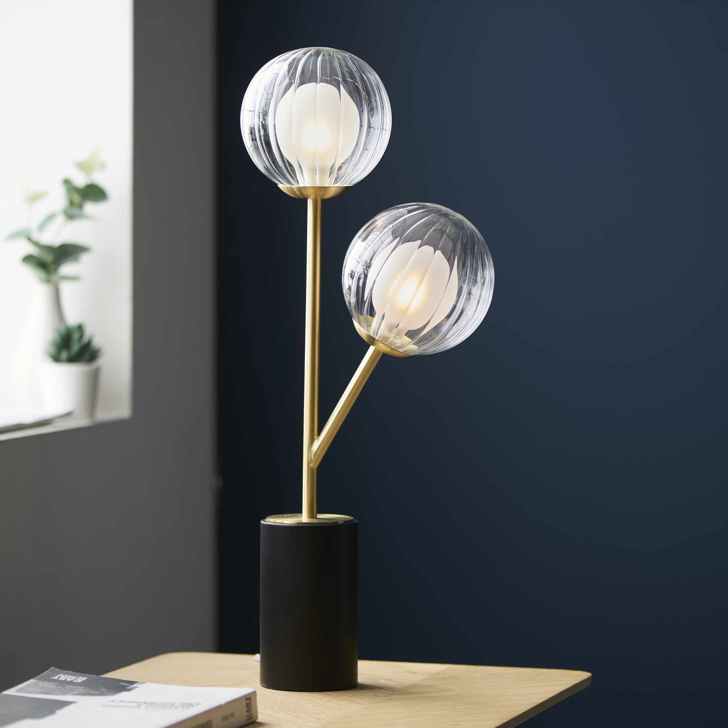 Eros Table Lamp, 2 Light, Brass, Glass Globes