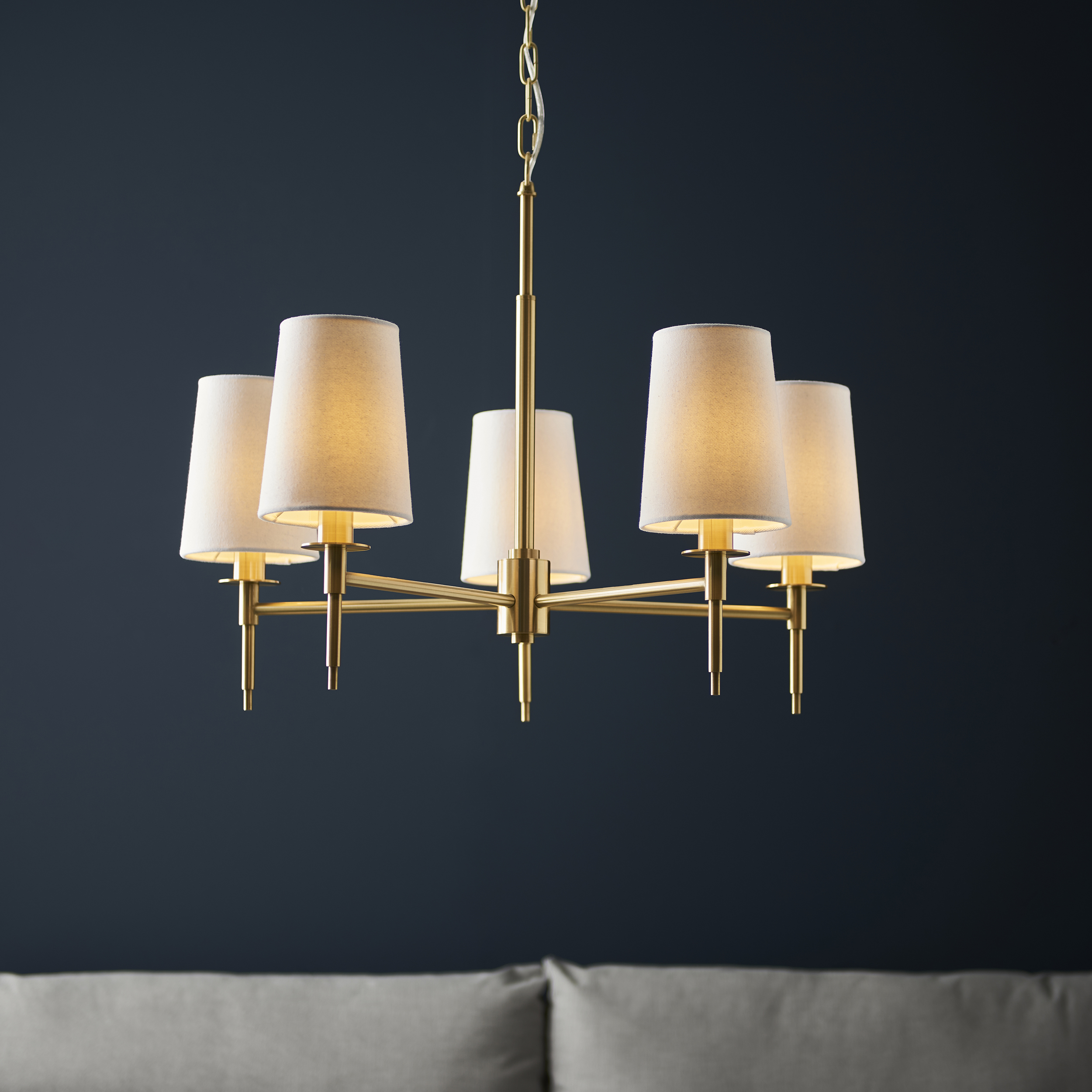 Lilt Chandelier, Brass, 5 Arm, White Shades, 60cm