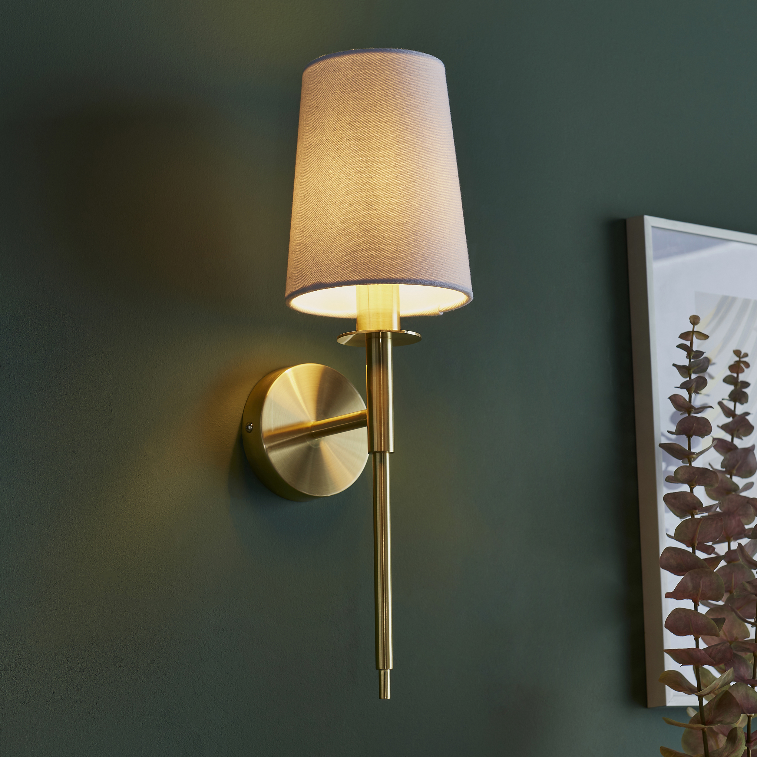 Lilt Wall Light, Satin Brass, White Lampshade
