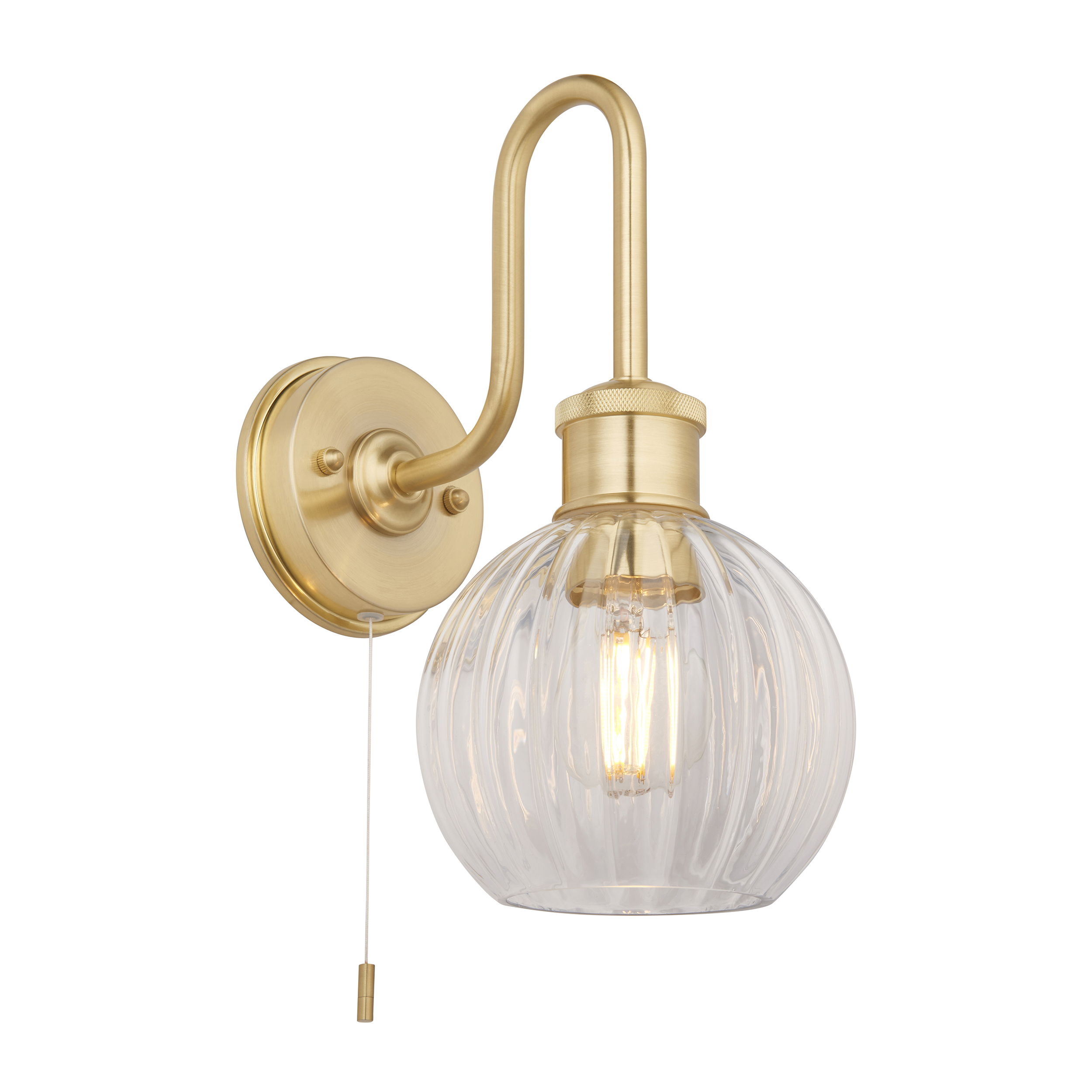Wisi Wall Light, Gold, IP44, Clear Ribbed Glass, Pull Cord