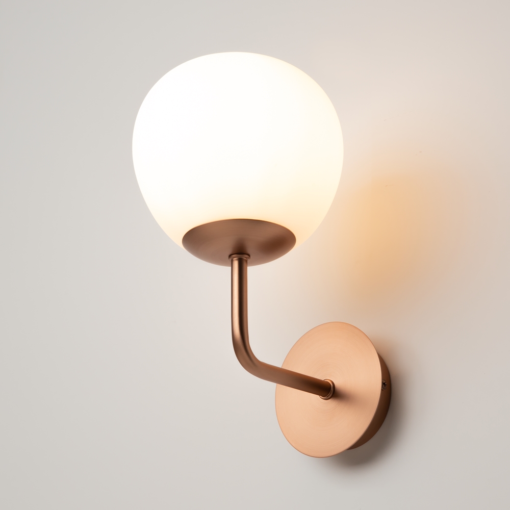 Erich Brass Wall Light, 1 Lamp, Metal, Opal Glass, 15cm Wide