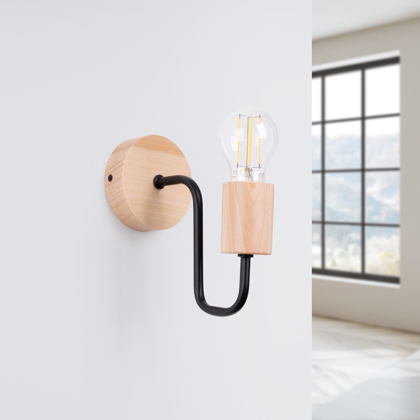 Thymbo Wood Wall Light, Black Metal, 1 Lamp, 8cm Wide