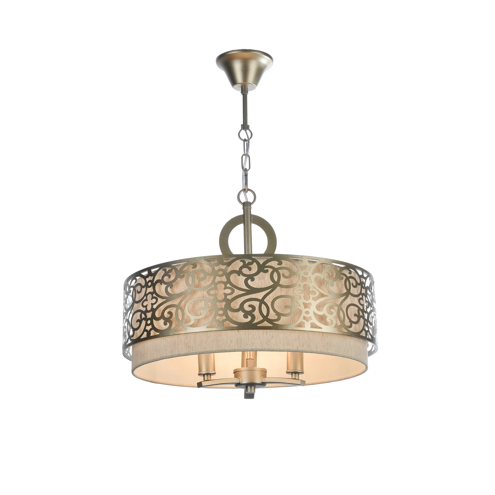 Venera 3 Lamp Pendant Light, Brass Metal, Beige Fabric Shade, 46.4cm Wide